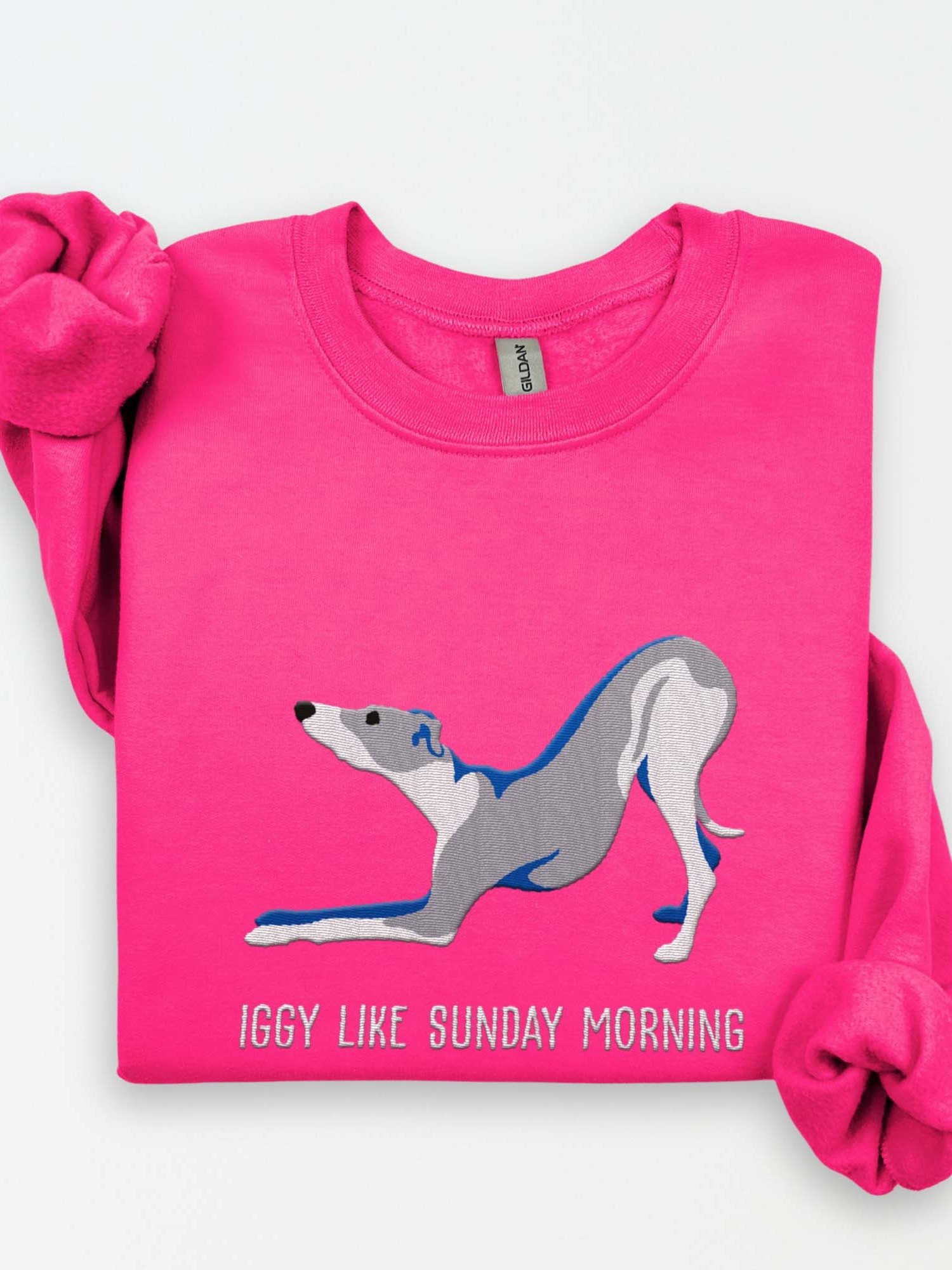 Iggy Like Sunday Morning Sweatshirt (Embroidered) of an Italian Greyhound(Blue & White) product image (1)