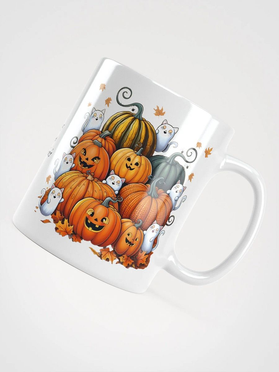 Halloween Pumpkins with Ghost Cats, Bats and Spiders White Glossy Ceramic Mug product image (4)