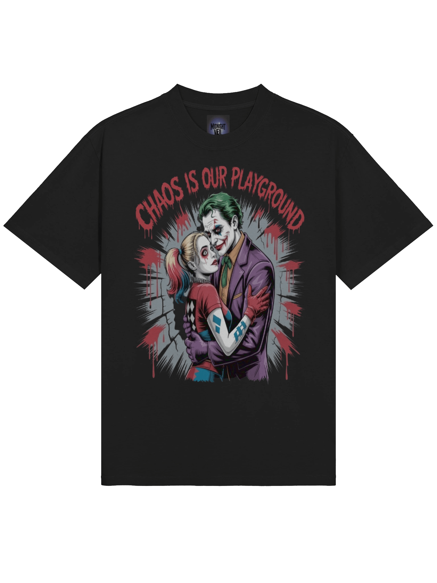 Chaotic Liaison: Joker & Harley Quinn Oversized Faded T-Shirt product image (5)