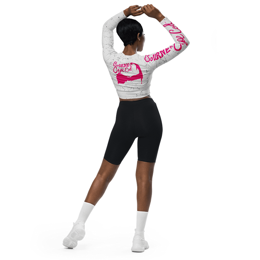 BOURNE to Cape Cod™ Crop Top | BRN.2C.C.™ Coastal Bold | Recycled Long Sleeve Statement Wear 🌊💃☀️ | Vibrant Pink Logos on Distressed White product image (5)