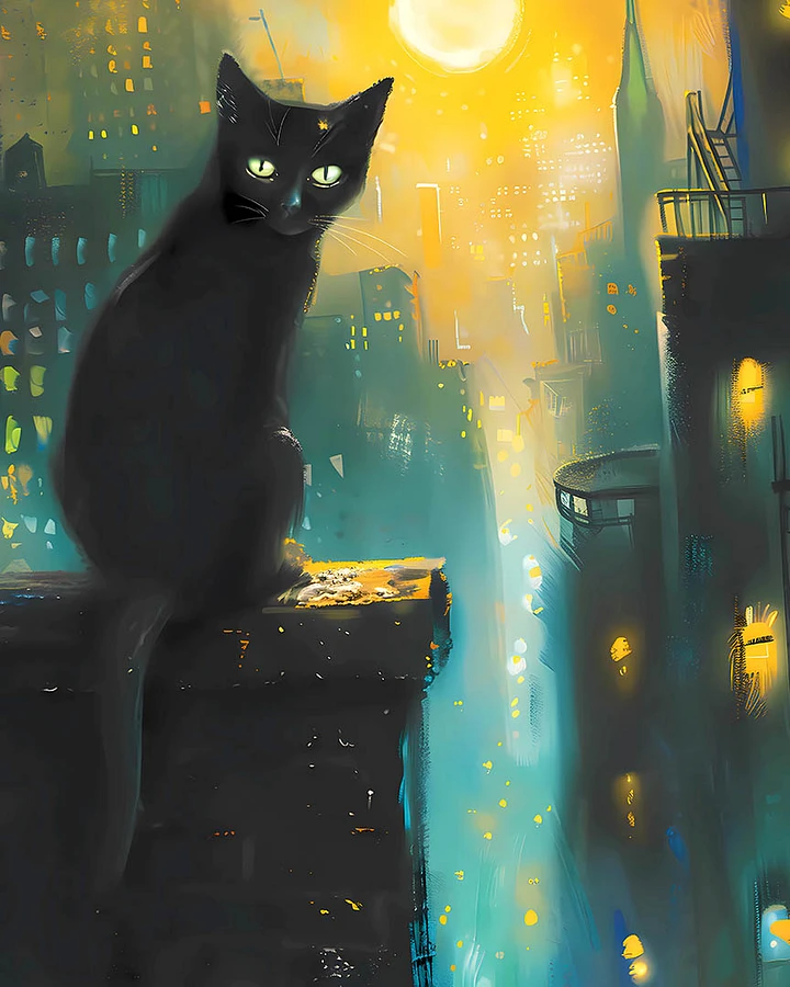 Nocturnal Watch: Black Cat Overlooking the City Lights Art Print Matte Poster product image (1)