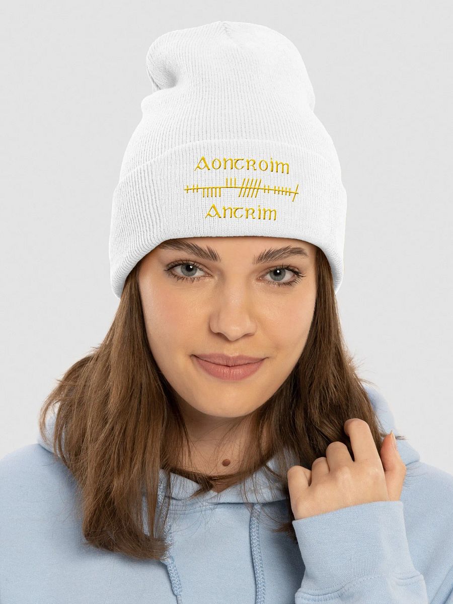 Antrim/Aontroim, Orthodox Style Ogham, white with saffron, embroidered Cuffed Beanie product image (3)