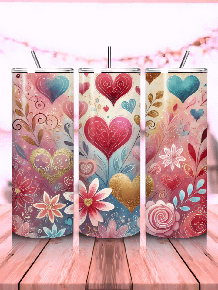 Gold Valentine's Tumbler Wrap – 20oz Skinny PNG Design with Watercolor Hearts – Love-Themed Sublimation File – Instant Digital Download product image (1)