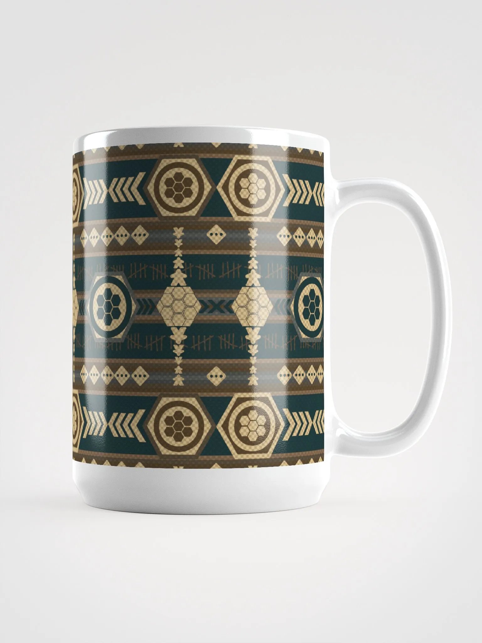 Rustic Southwestern Pattern Board Game Mug, Brown Blue Yellow 15 oz large mug with Aztek pattern product image (3)