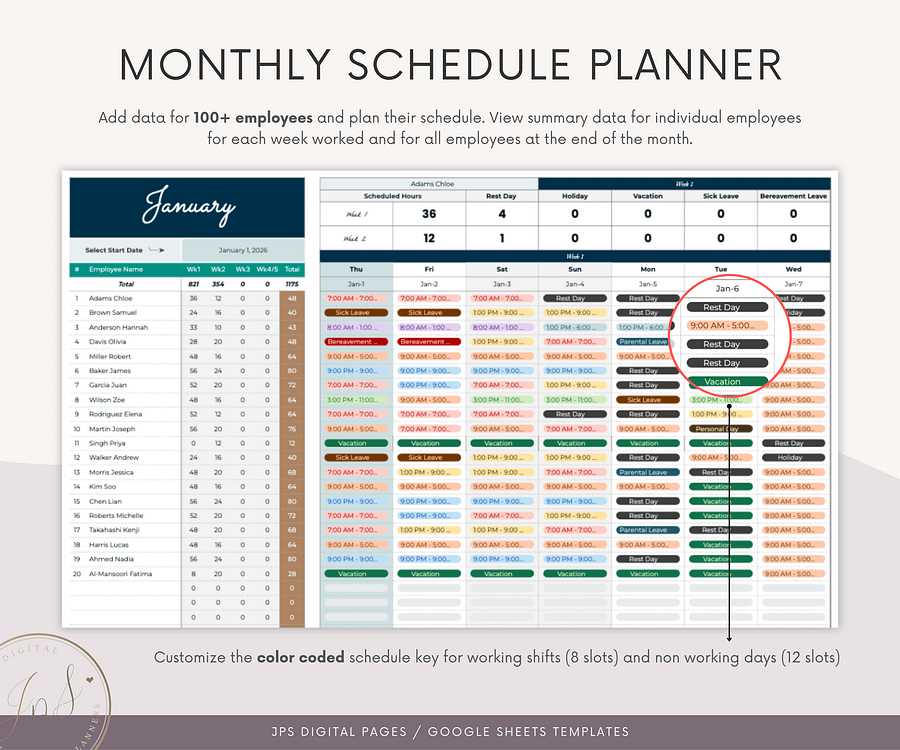 Employee Schedule Template & Dashboard Spreadsheet, Google Sheets Template, Employee Monthly Work Shift Schedule, 2024/2025 Updated Version product image (4)