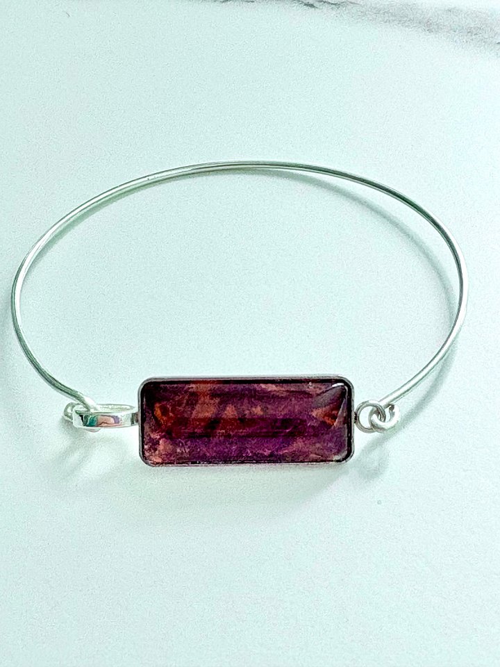 ⚡ Electric Tide Bangle | 7" Silver-Plated Wire Bracelet with Cranberry Bog Red Rectangle Charm | Handmade Coastal Charm Jewelry by Monique Faella Designs™ | MFD-00178 product image (1)