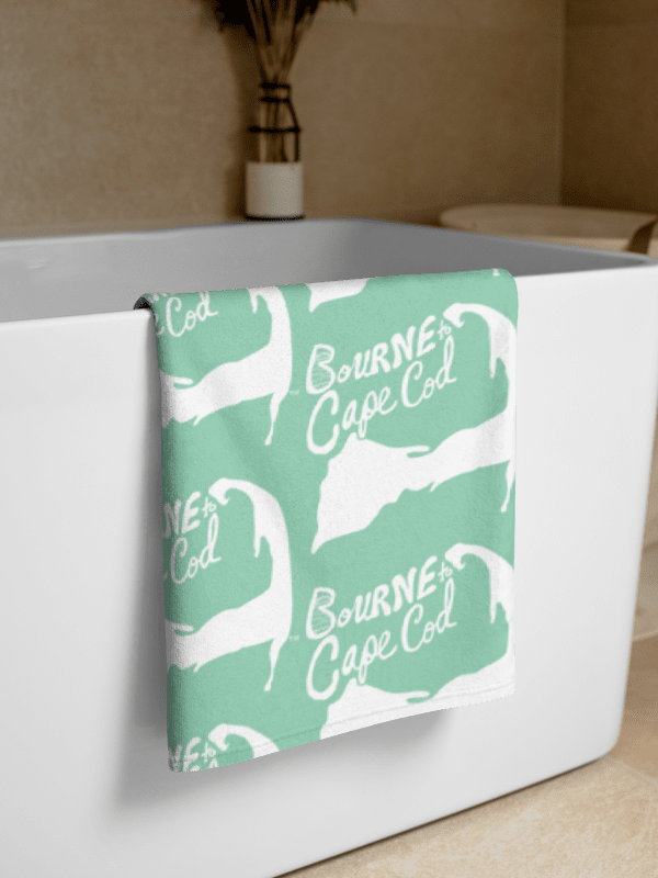 BOURNE to Cape Cod™ | Coastal Classic Beach Towel | All-Over Logo Print | Vibrant Colors for Salty Souls | White Logo on Vista Blue Green product image (2)