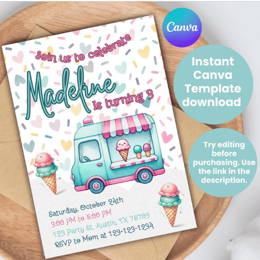 Sundae Funday Ice Cream Party Invitation Template - Editable Canva Design for Sweet Birthday, Summer, or Kids' Events product image (1)