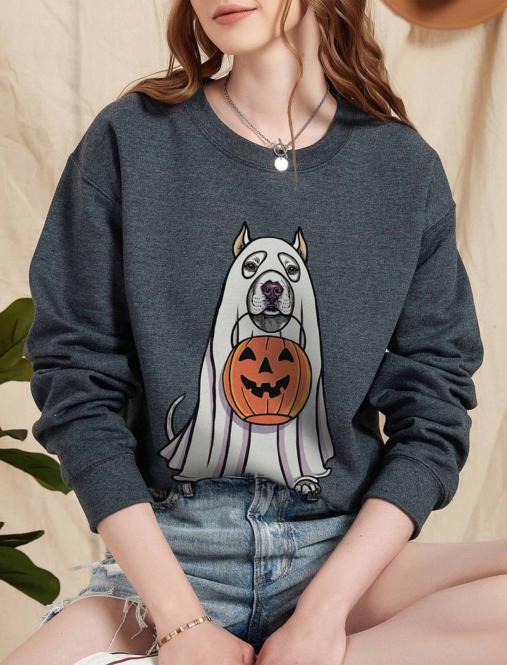 Funny Halloween Pitbull Terrier(Cropped Ears) Sweatshirt | Funny Pittie Wearing a Ghost Costume and Holding a Pumpkin Basket product image (5)