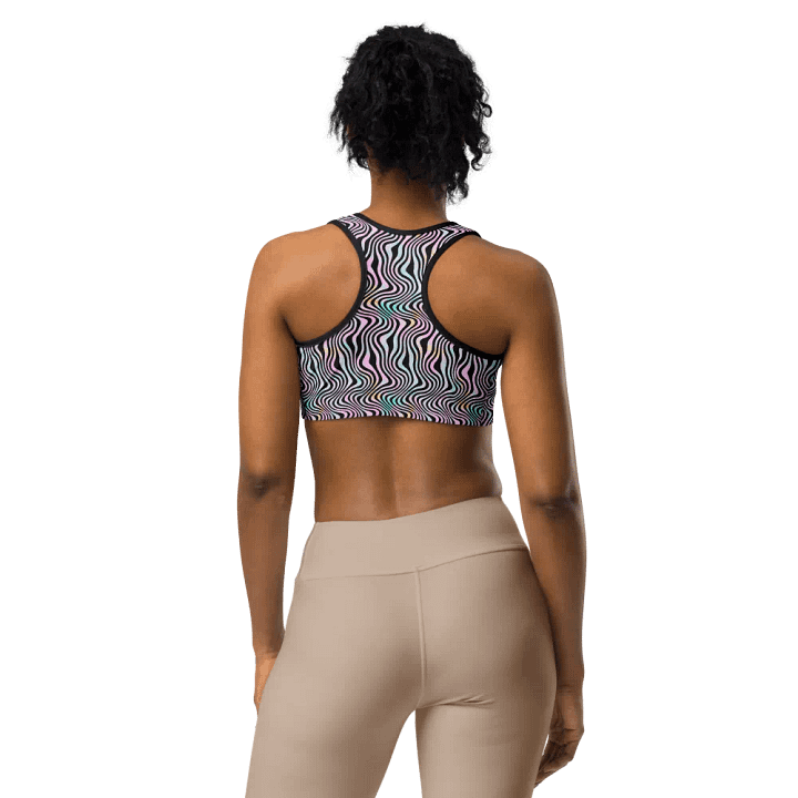 Comfortable sports bra in wavy pink black and turquoise design product image (1)