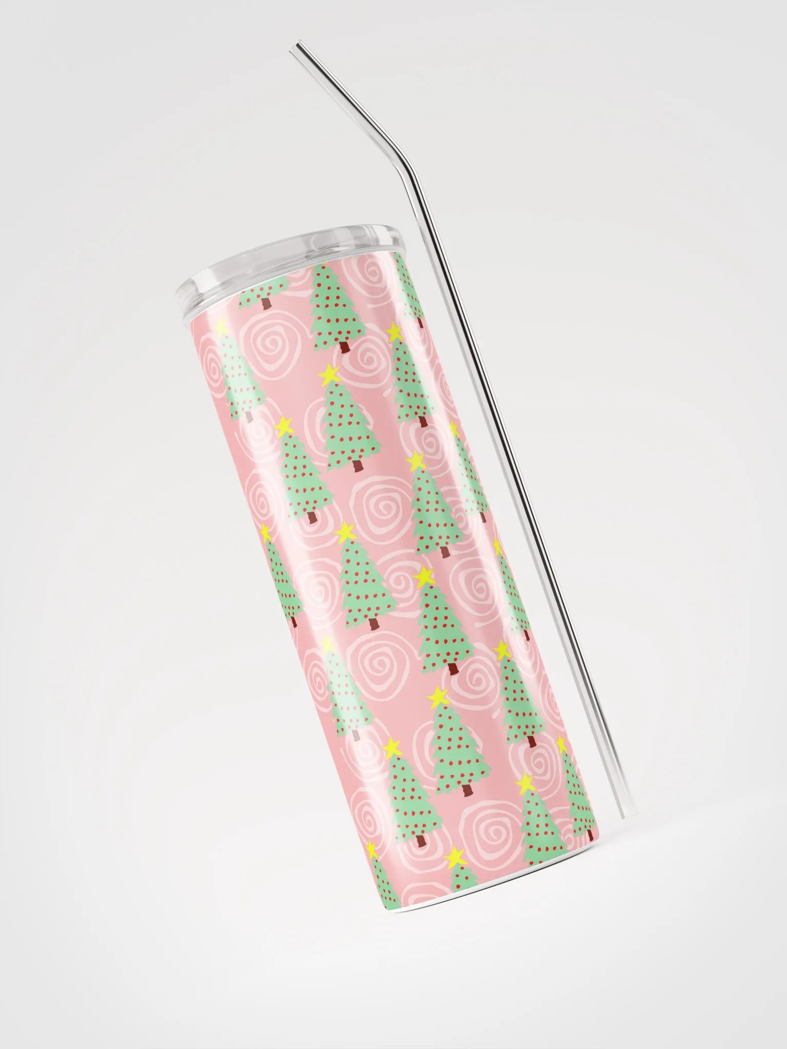 Green Christmas Trees on Pink Spirals Stainless Steel Tumbler with Straw product image (10)