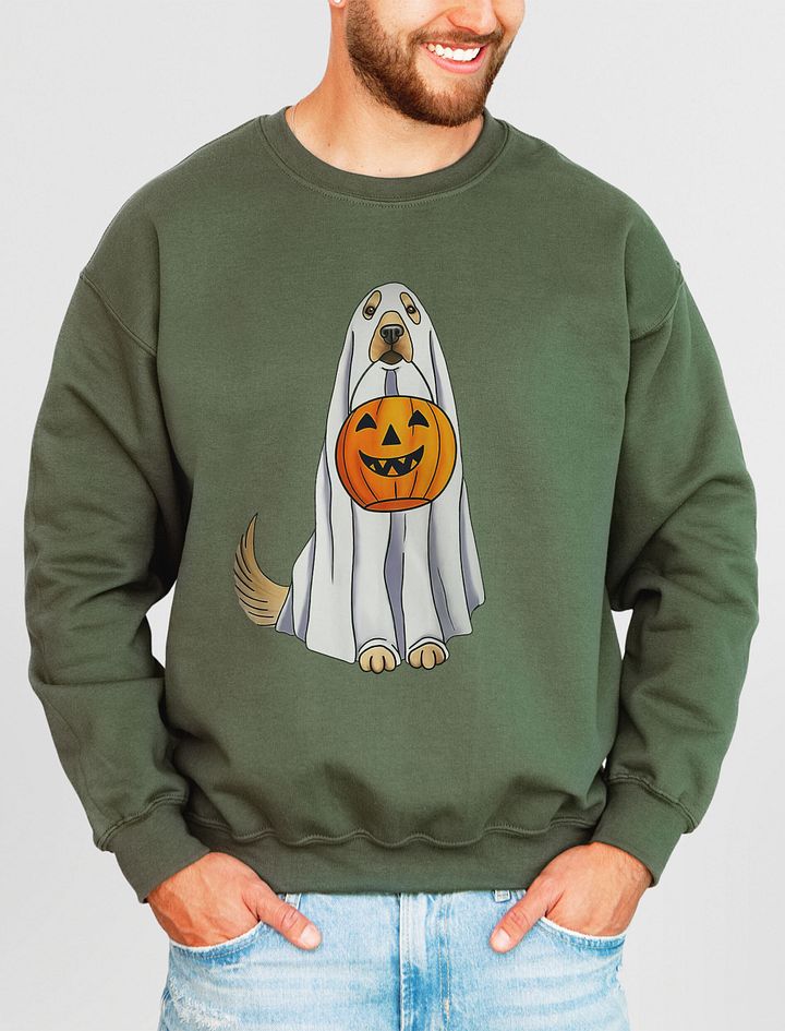 Funny Golden Retriever Halloween Sweatshirt | Cute Ghost Goldie Holding a Pumpkin Basket Halloween and Fall Shirt product image (19)