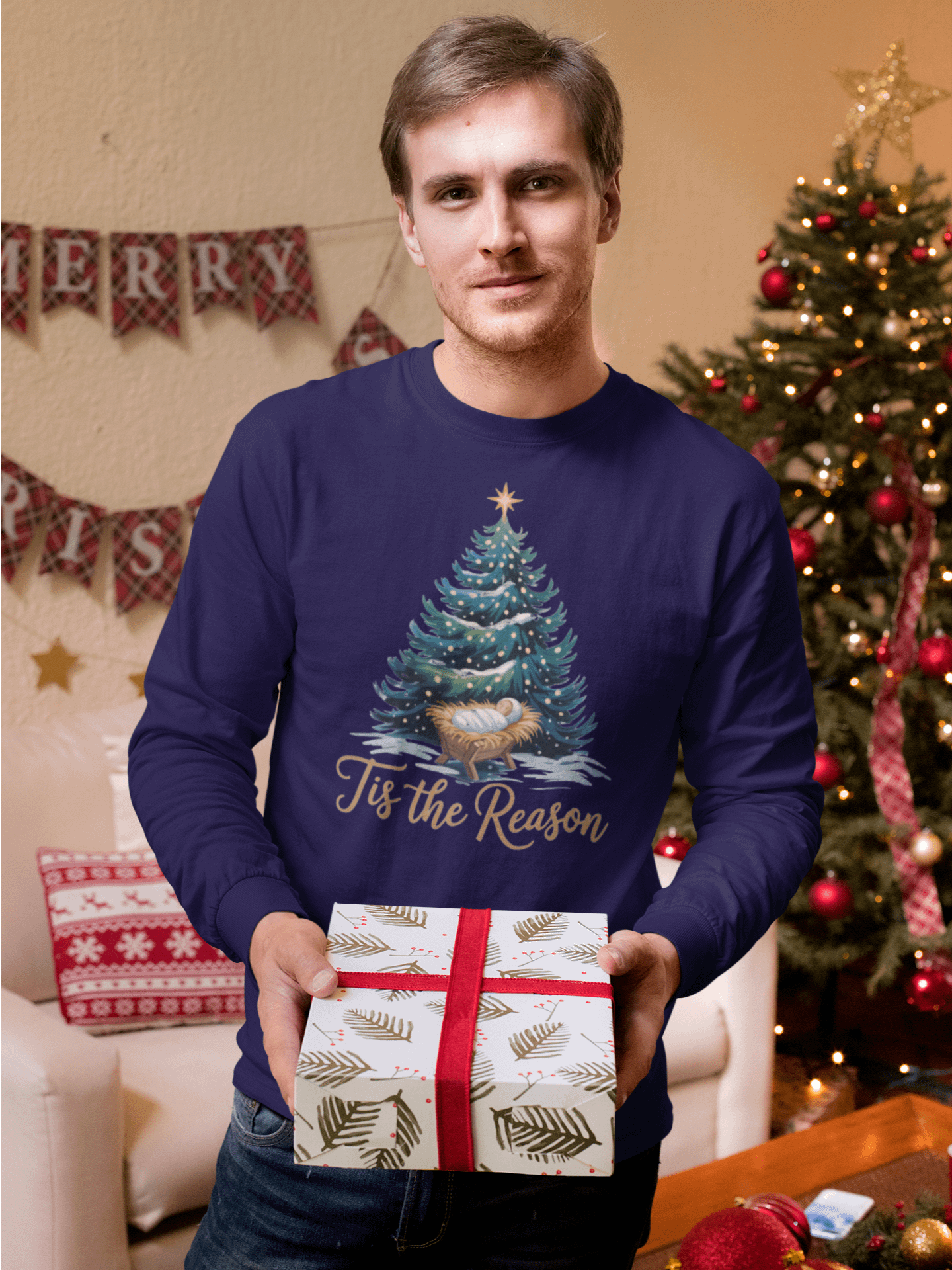 Christian Christmas Long Sleeve Shirt Tis the Reason Christmas Tree product image (7)