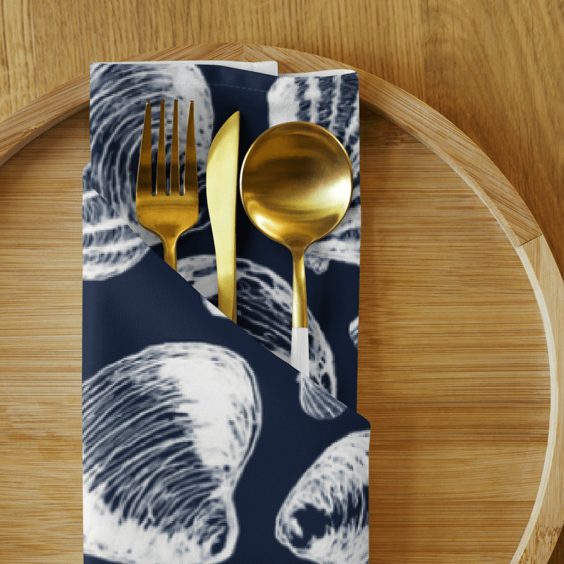 New England Tidal Treasures | Seashell Napkin Set | Monique Faella Designs™ | White on Dark Blue product image (8)