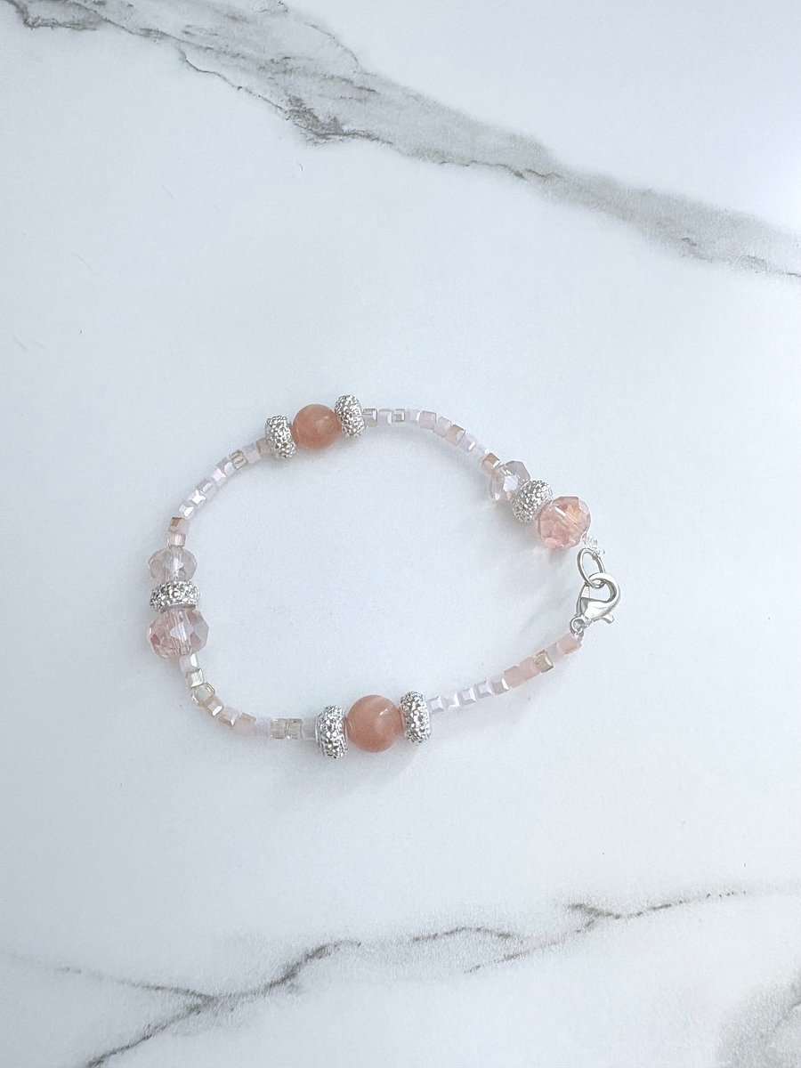 Blush Whisper | Faceted & Iridescent Bead stretch Bracelet with Lobster Clasp | Handmade 7.5" Coastal Charm | by Monique Faella Designs™ | MFD-00053 product image (3)
