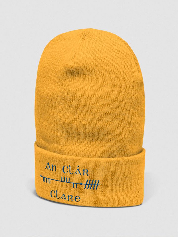 Clare/An Clár, Gold with Blue, Scholastic Style Ogham embroidered Cuffed Beanie product image (2)