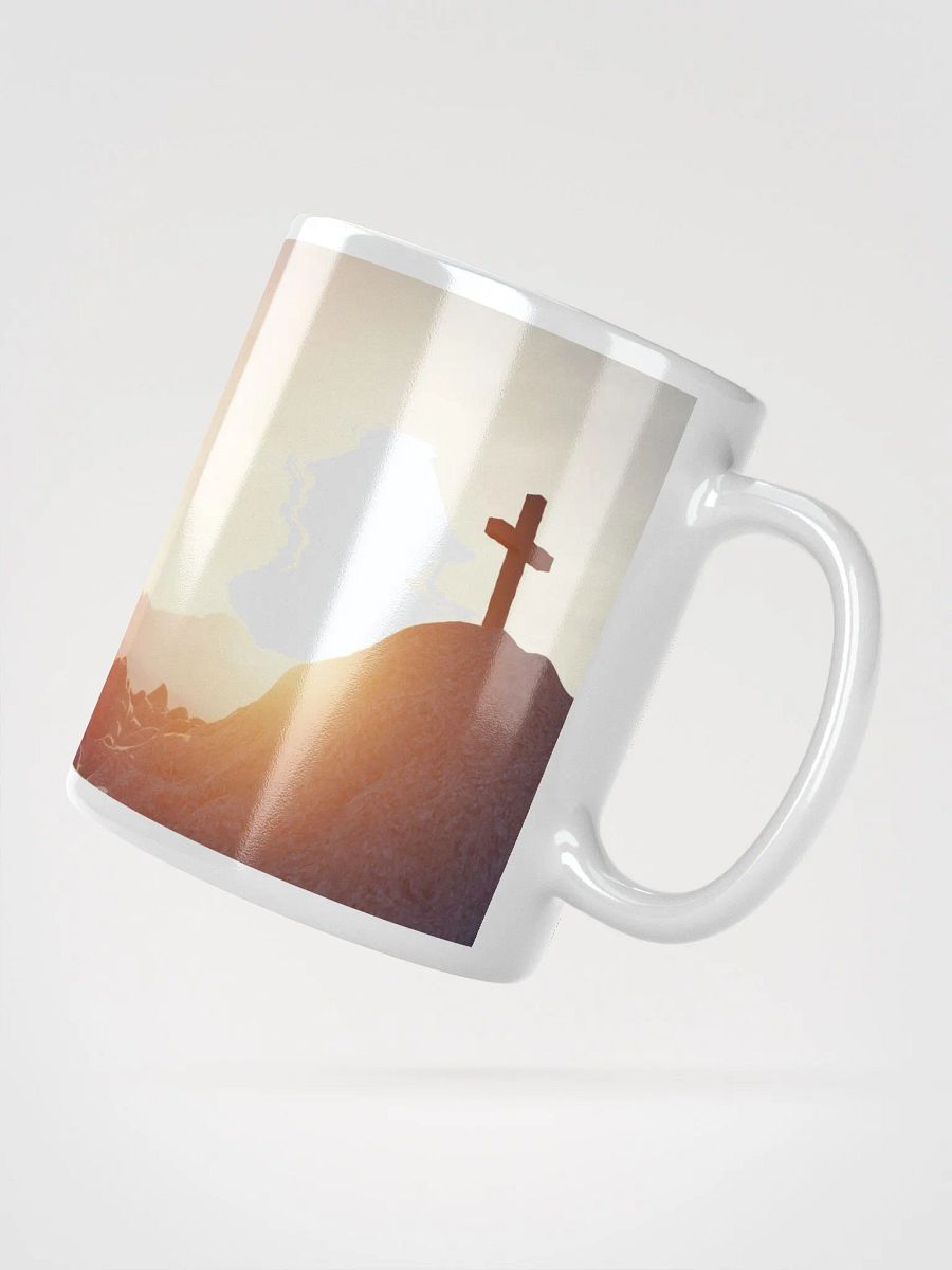 Large cross silhouetted against a dramatic sunset & a cross placed on top of a rocky hill, bathed in the warm glow of a sunrise or sunset Mug product image (6)