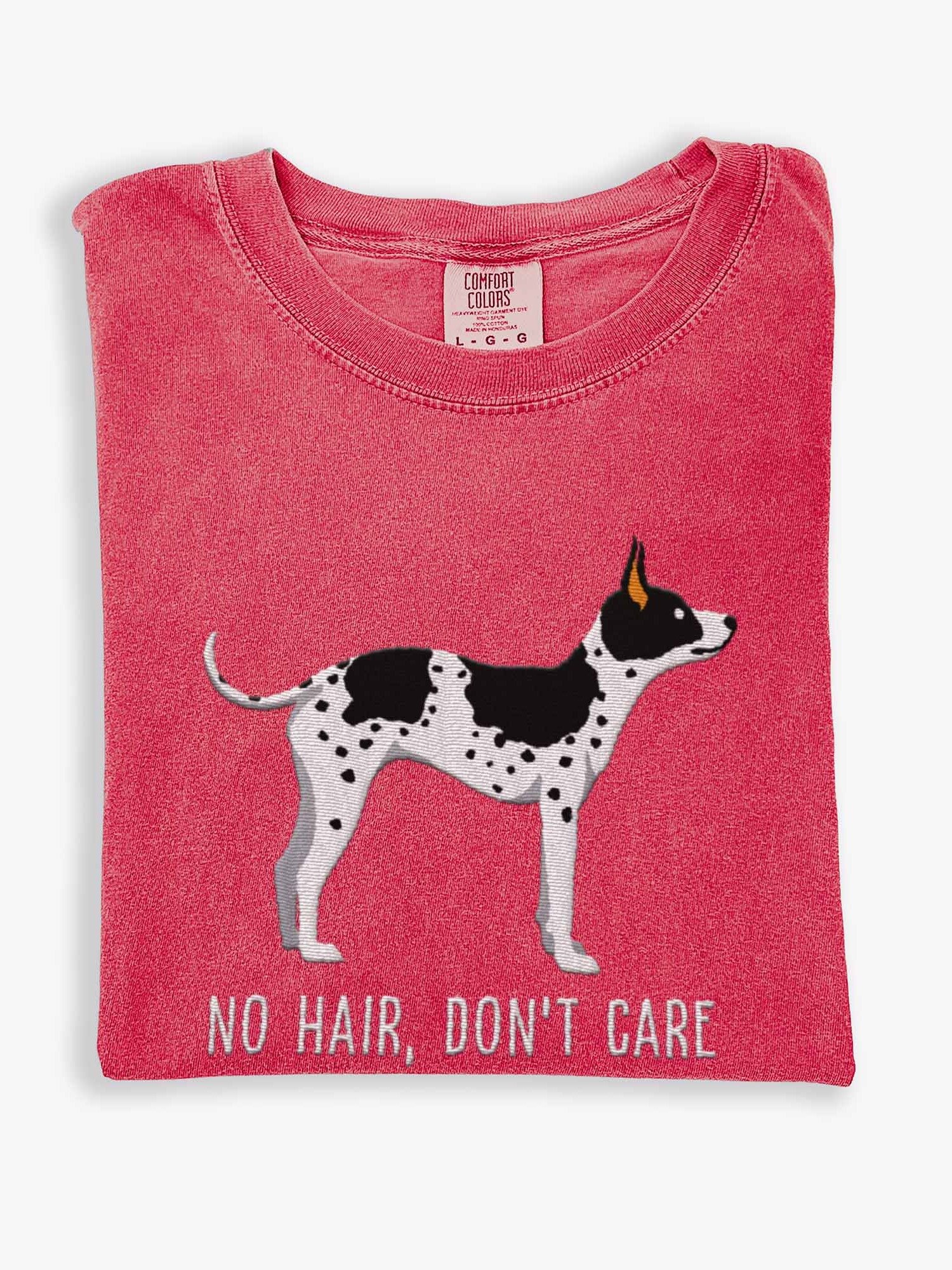 No Hair, Don't Care T-Shirt(Embroidered) of an American Hairless Terrier(Black & White) product image (1)