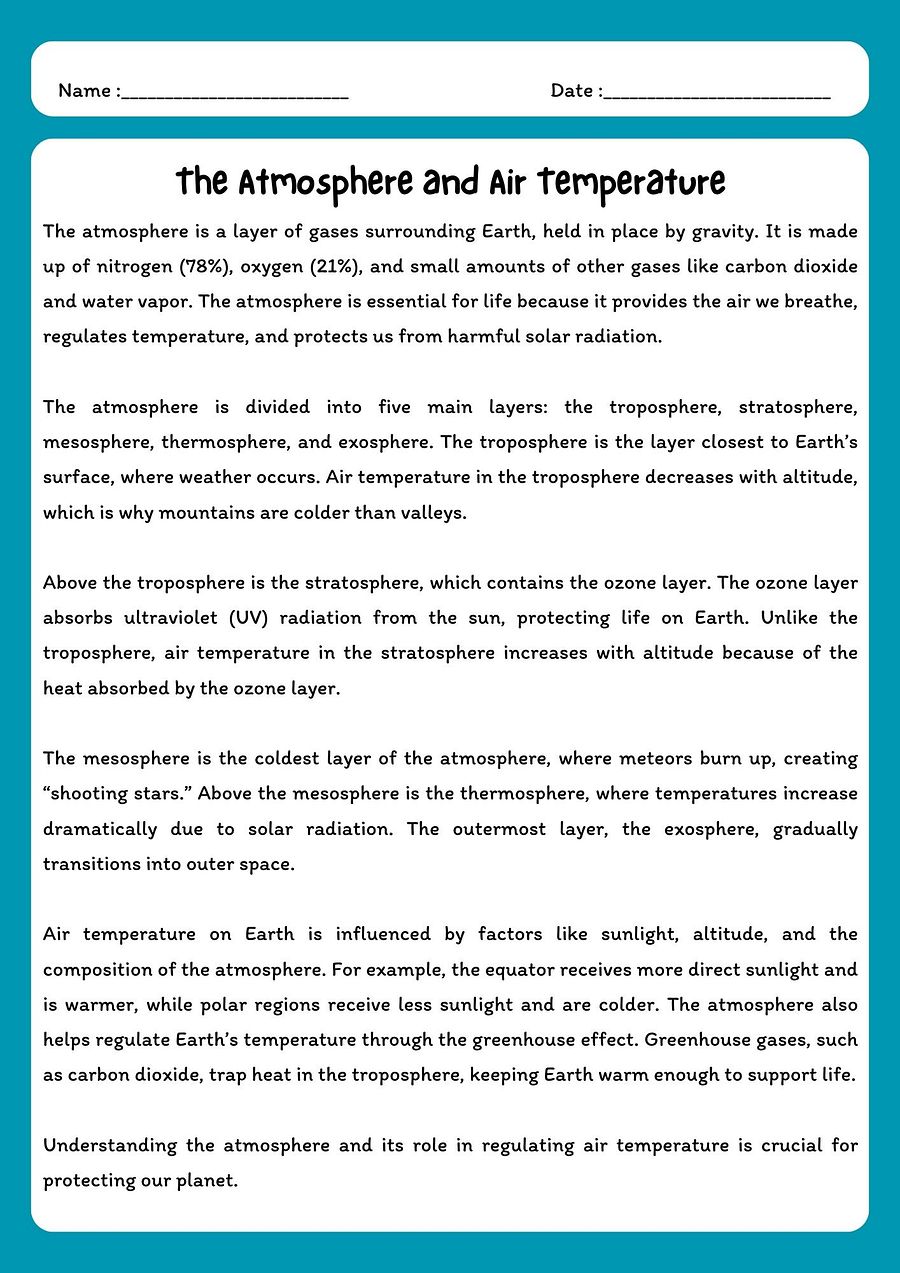 Atmosphere and Air Temperature Reading Comprehension Passage with Questions product image (1)