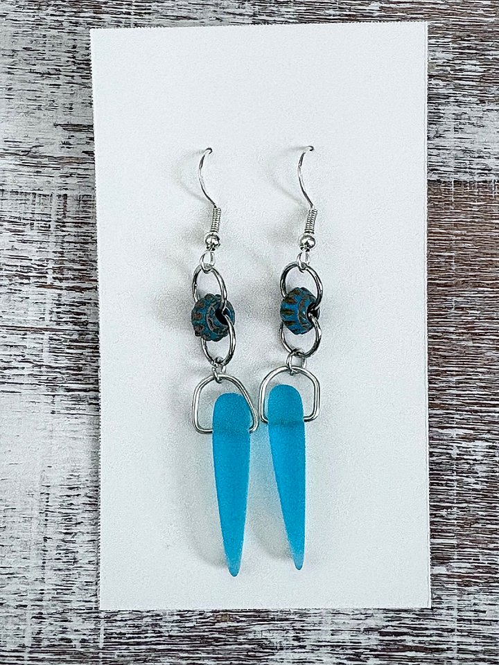 Sea Glass Drop Earrings | Aqua Sea Glass & Faux Turquoise Beads | Handmade Coastal Charm Jewelry by Monique Faella Designs™ | MFD-00107 product image (1)