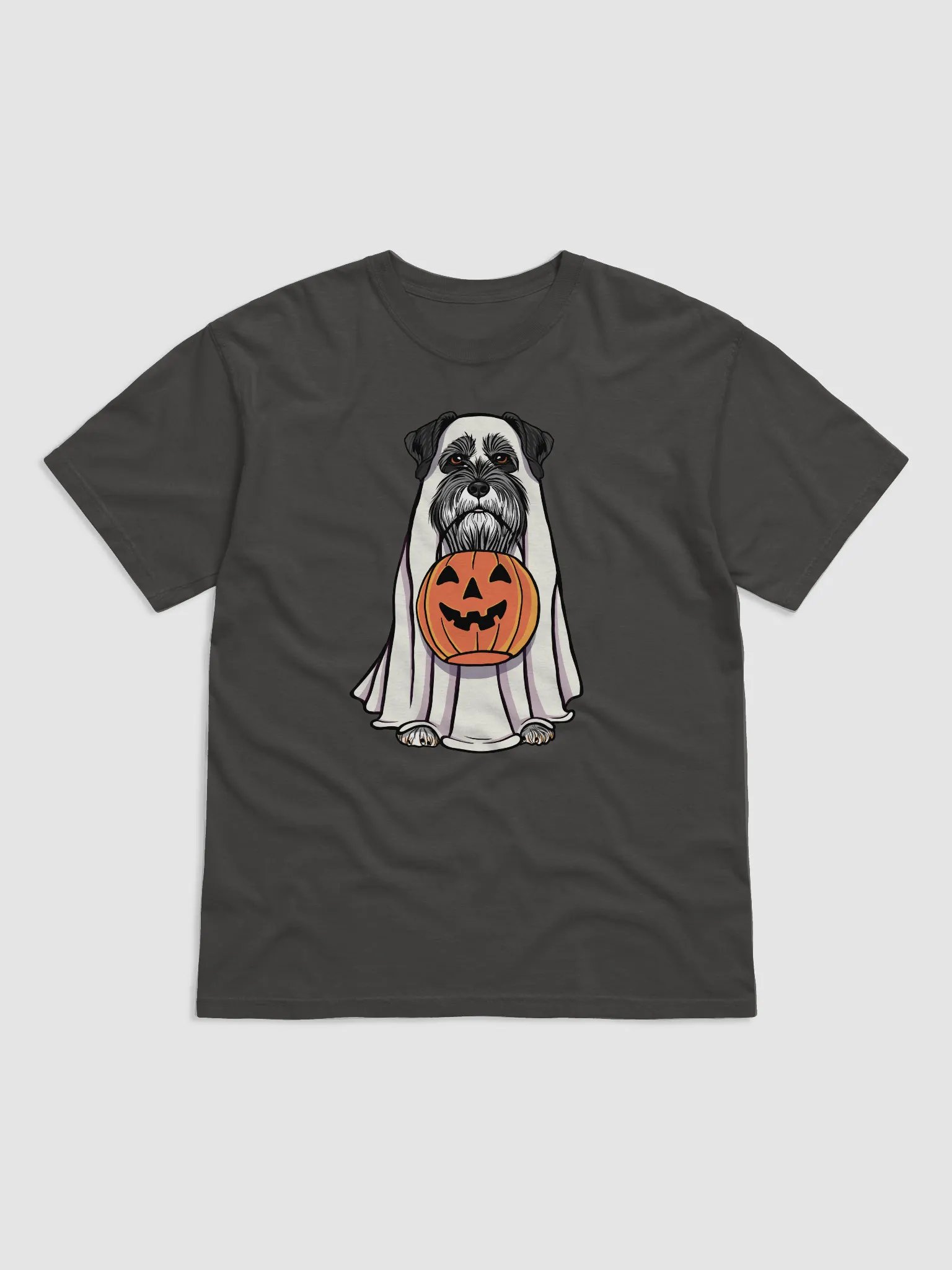 Funny Halloween Schnauzer(Black) T-Shirt | Funny Schnauzer Wearing a Ghost Costume and Holding a Pumpkin Basket product image (1)