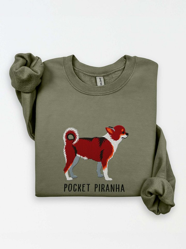 Pocket Piranha Sweatshirt (Embroidered) of a Chihuahua(Chocolate Tricolor) product image (1)