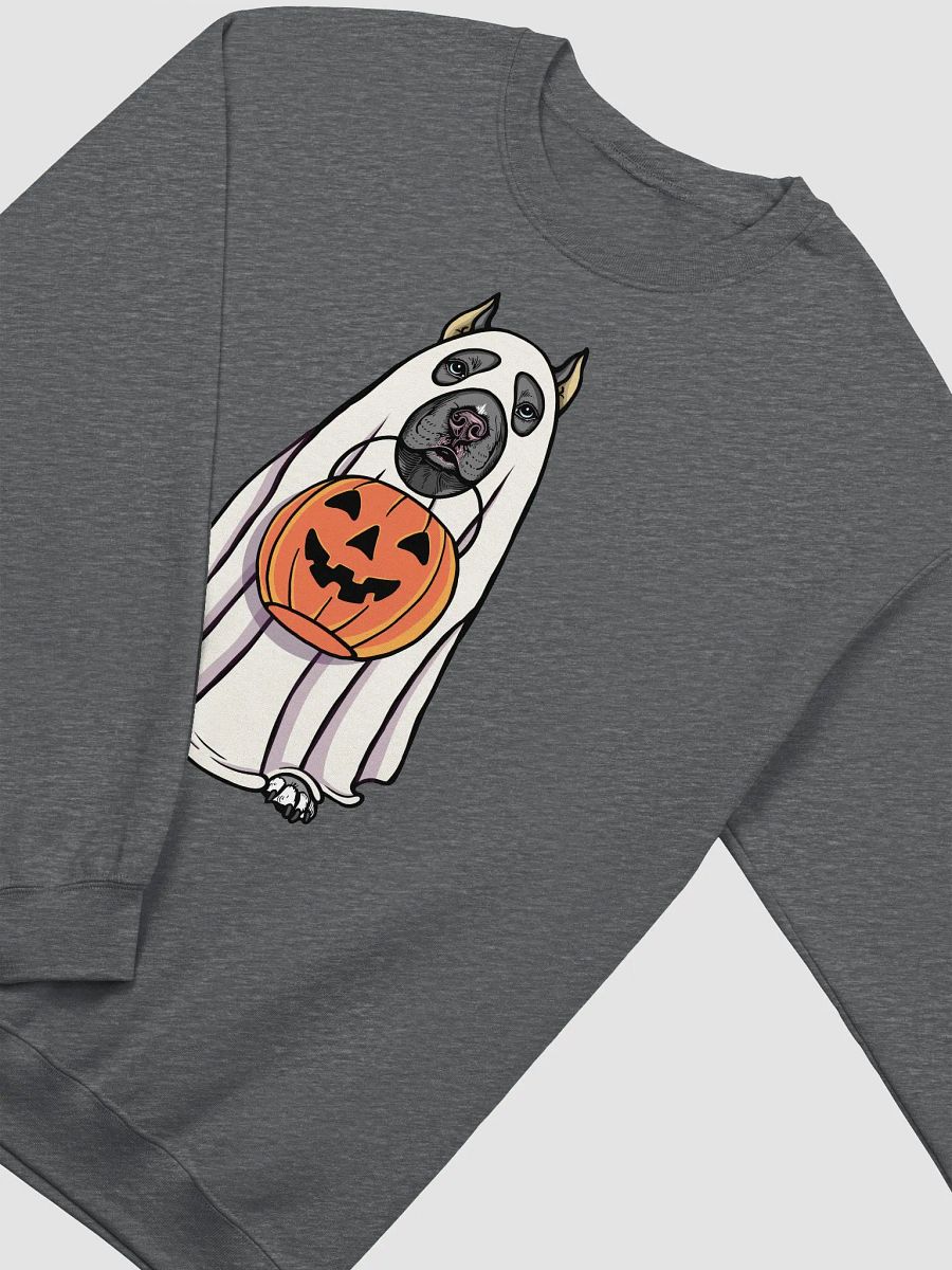 Funny Halloween Pitbull Terrier(Cropped Ears, Blue) Sweatshirt | Funny Pittie Wearing a Ghost Costume and Holding a Pumpkin Basket product image (8)
