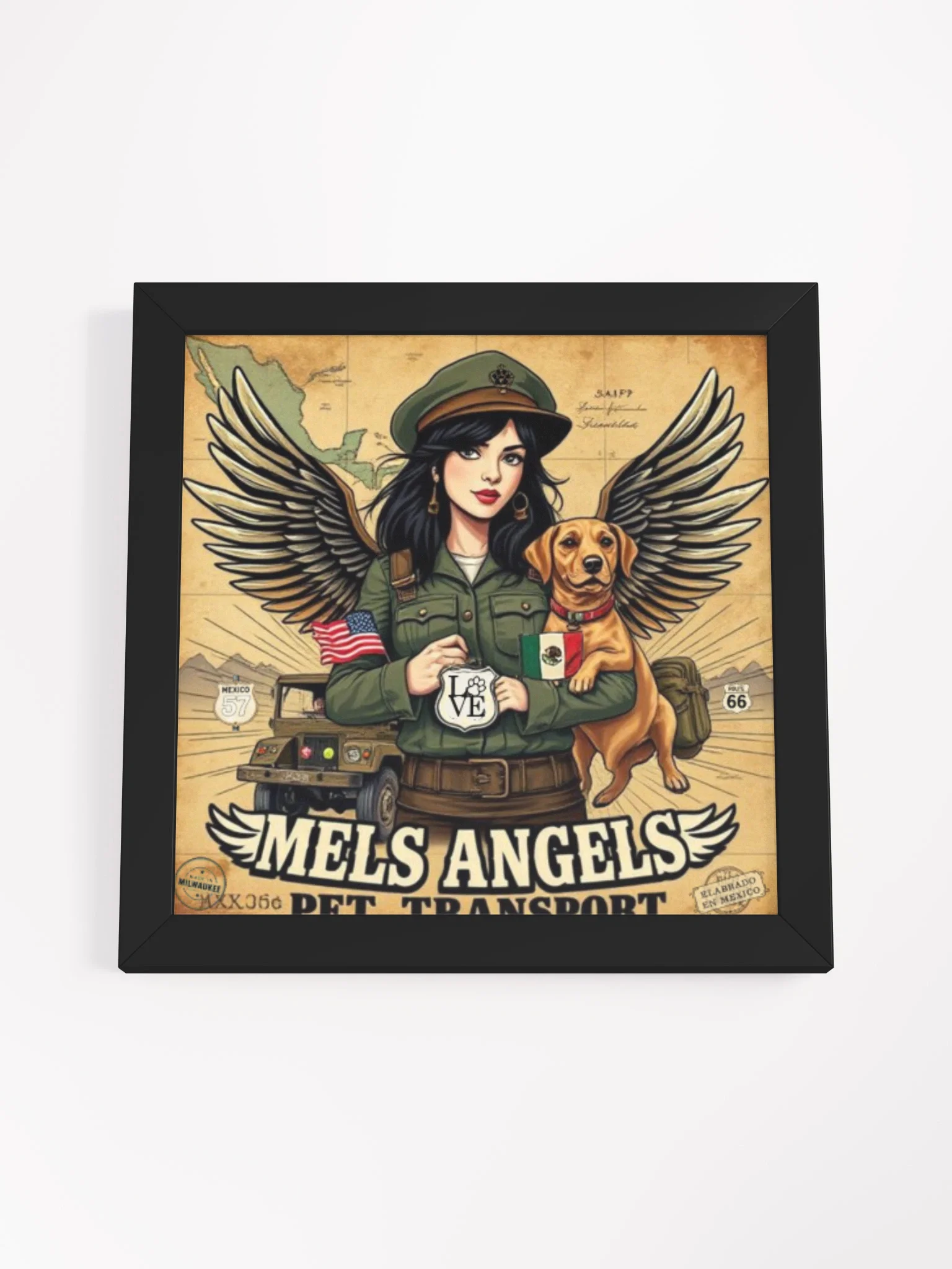 Mel’s Angels Vintage Pet Transport Framed Poster – Winged Rebel Dog Art, Route 66 Military Pin-Up Print product image (5)