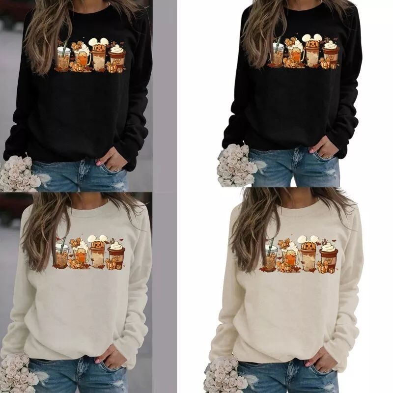 Long Sleeves Pumpkin Coffee Printed Round Neck Top for Daily Office School Girl product image (3)