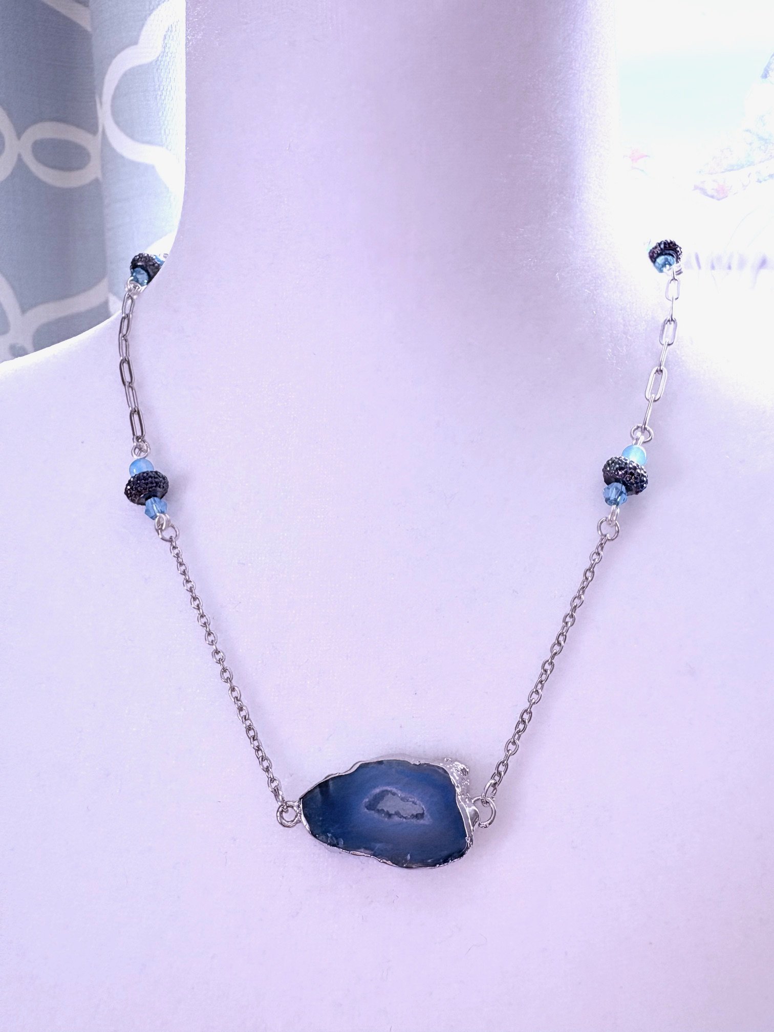 MFD-00267 | Blue Geode Druzy Pendant Necklace with Stainless Steel Link Chain and Paperclip Chain | December Birthstone Inspired | Handmade Jewelry by Monique Faella Designs™ product image (1)