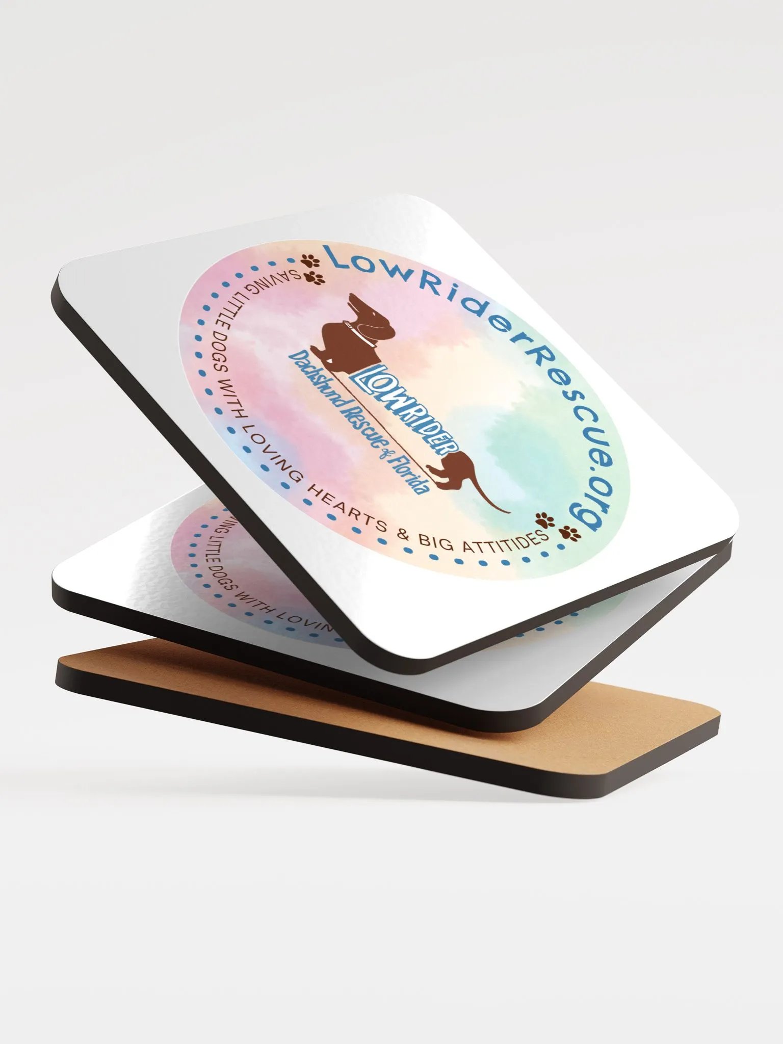 Low Rider Dachshund Rescue Logo Coaster with pastel background product image (4)
