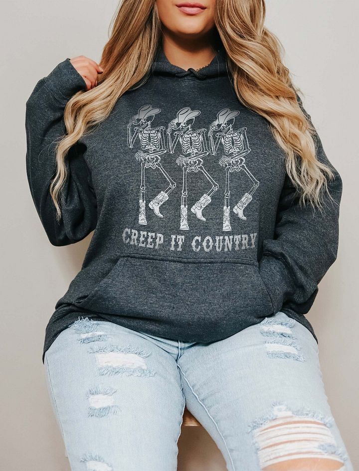 Creep It Country Cowboy Skeletons Hooded Sweatshirt | Funny Western-Themed Fall and Halloween Hoodie Design product image (13)