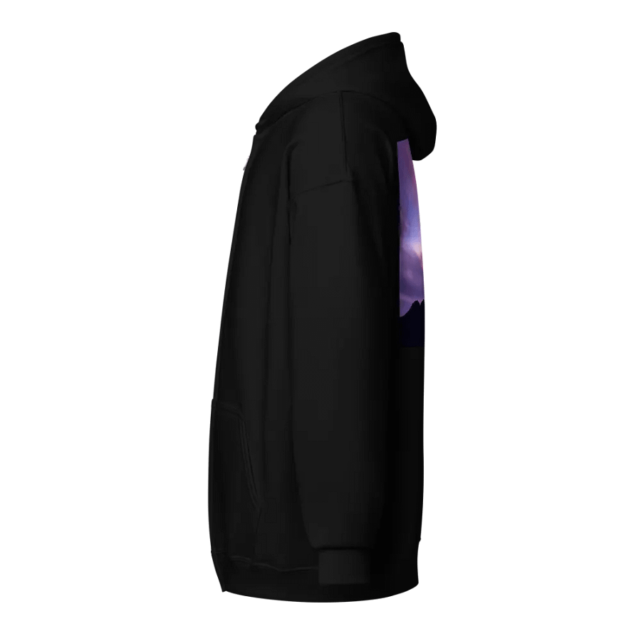 Wooden cross standing on a hill, silhouetted against a vibrant and colorful sky transitioning from deep purples to pinks Hoodie product image (3)