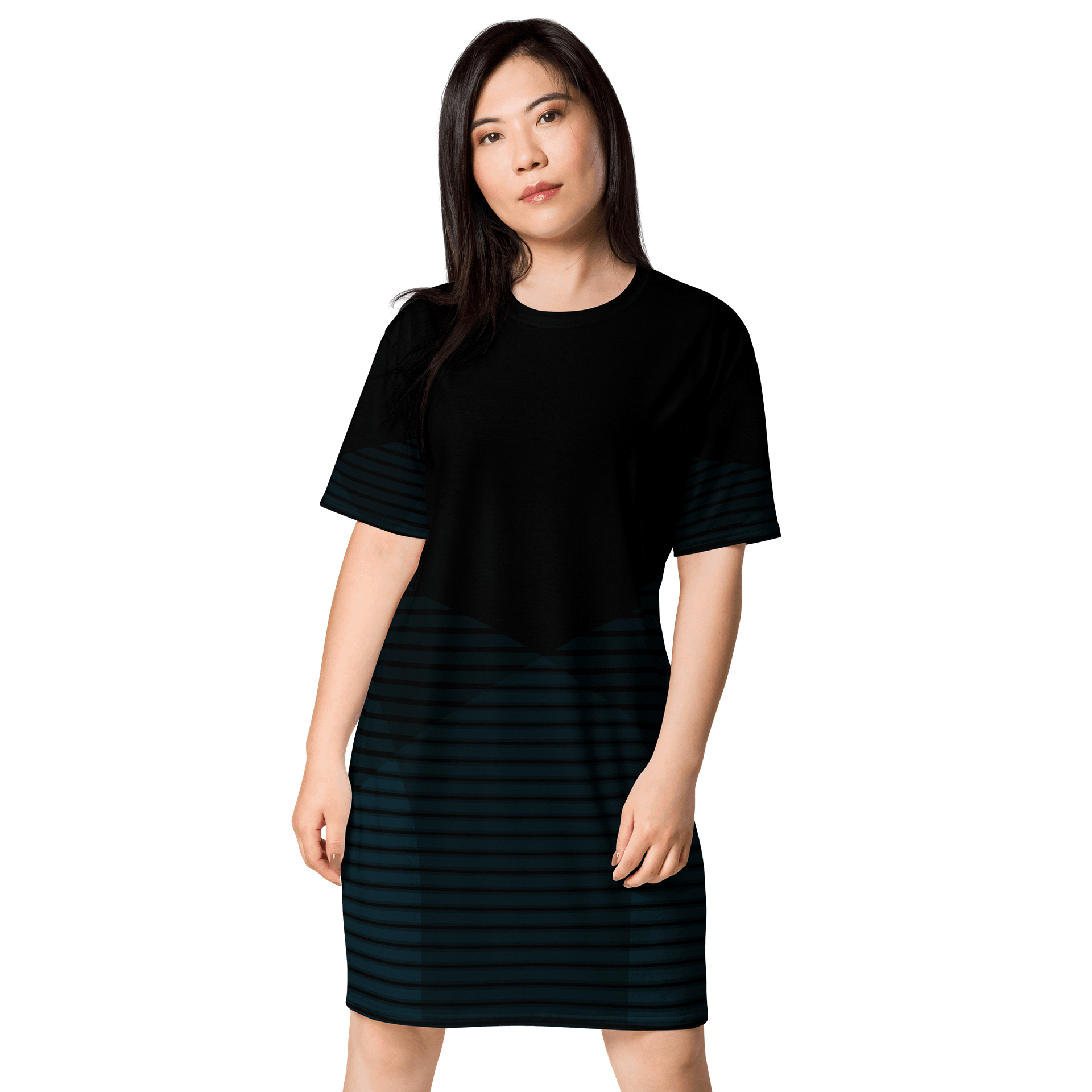"Oversized Black T-Shirt Dress with Teal Striped Skirt - Sizes 2XS-6XL product image (1)