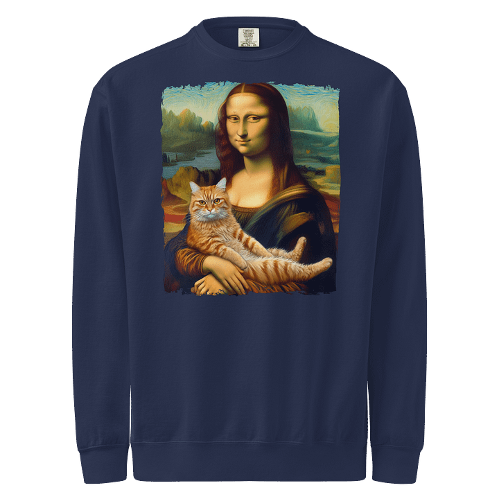 Mona Lisa sweatshirt with orange cat graphic funny art parody unisex pullover for cat lovers unique cozy gift idea clothing product image (1)