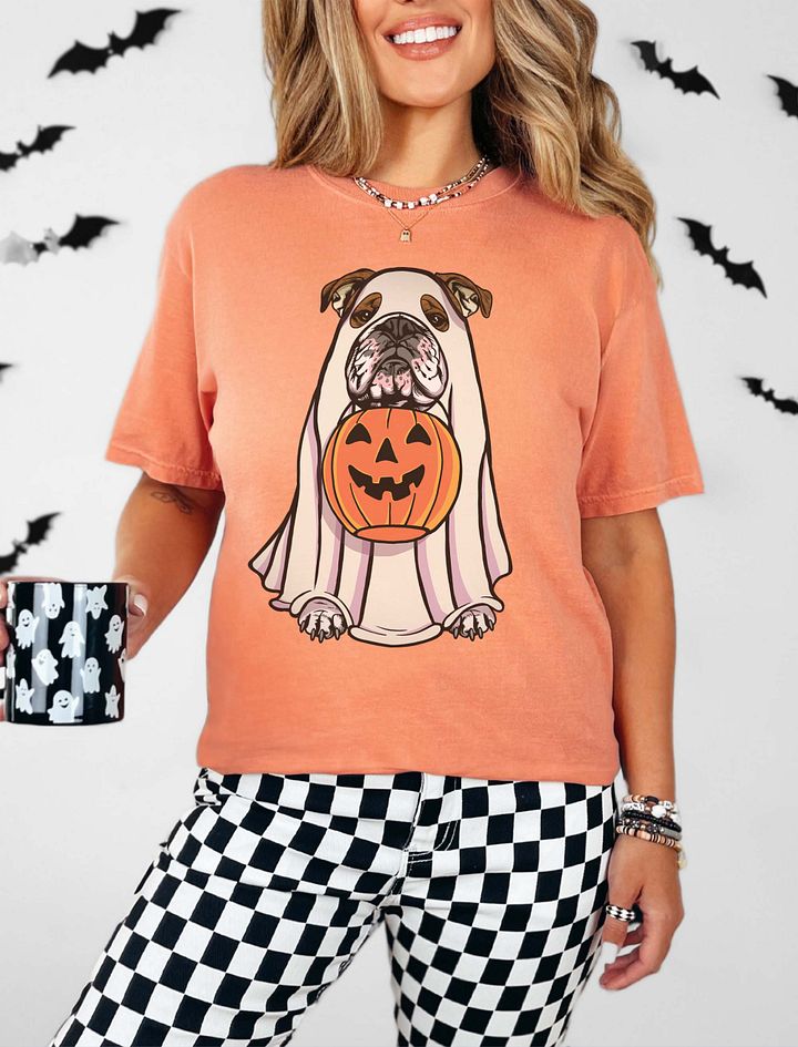 Funny Halloween English Bulldog(Brindle) T-Shirt | Funny English Bulldog Wearing a Ghost Costume and Holding a Pumpkin Basket product image (19)