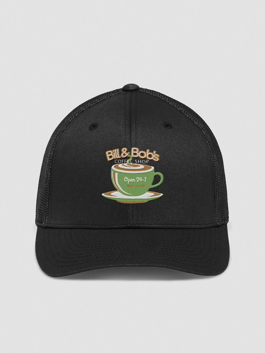 Bill & Bob's Coffee Shop Open 24/7 Trucker Hat, Kiwi Green Color Accent product image (1)