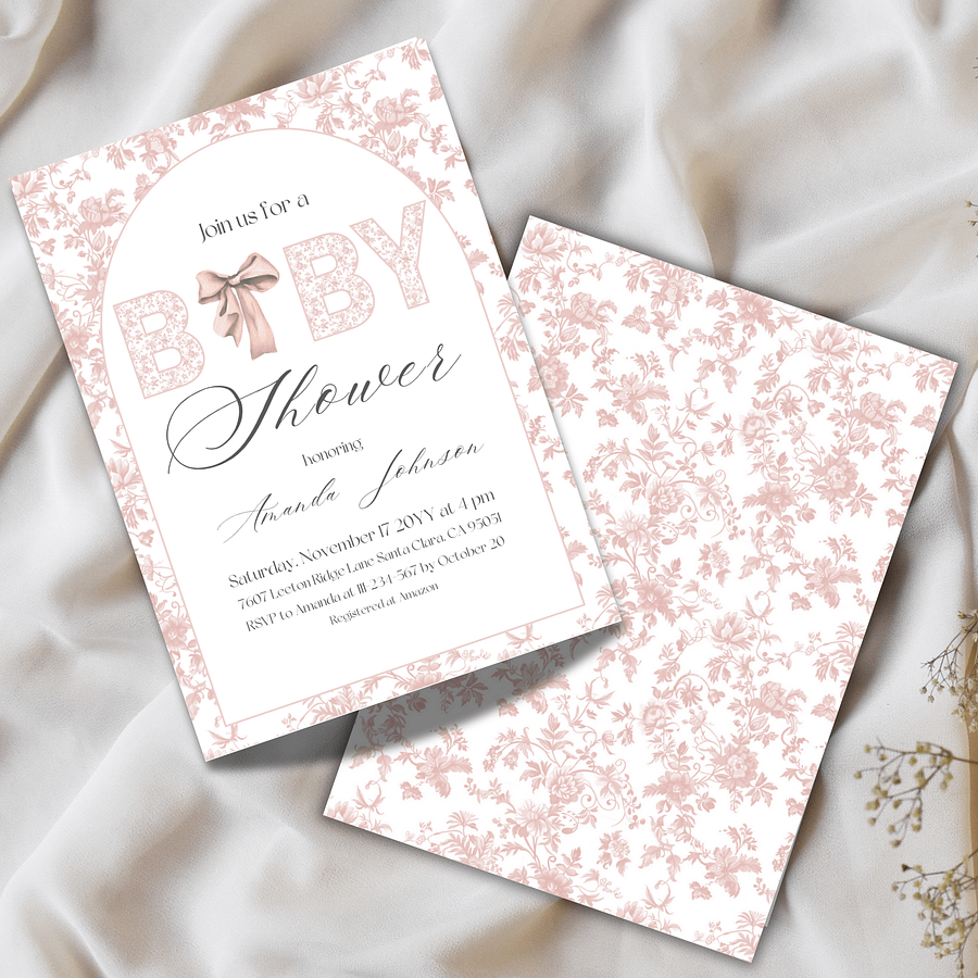 Pink Toile de Jouy and Bow Baby Shower Invitation, Chinoiserie Floral Themed Girl Baby Shower Invite for Digital Download product image (3)