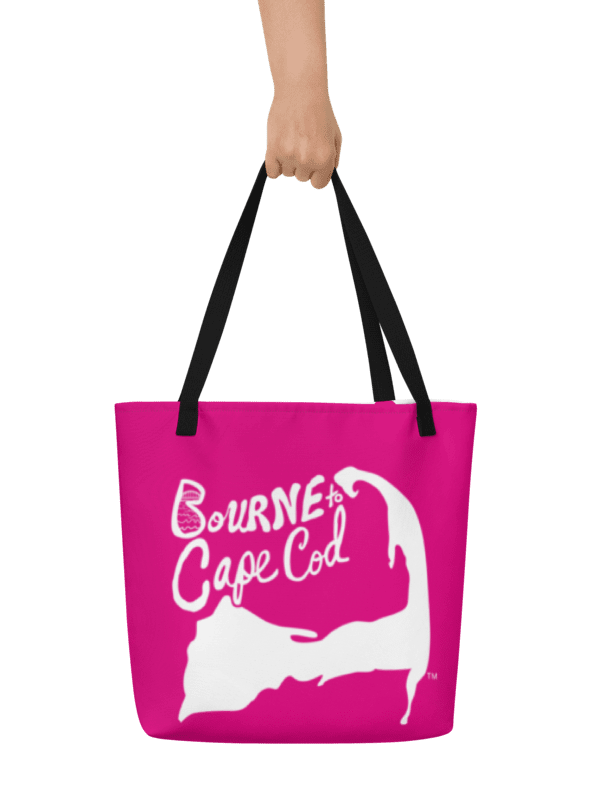 BOURNE to Cape Cod™ | Large Tote Bag with Pocket | Coastal Classic | All-Over Logo Print | White Logo on Pink product image (1)