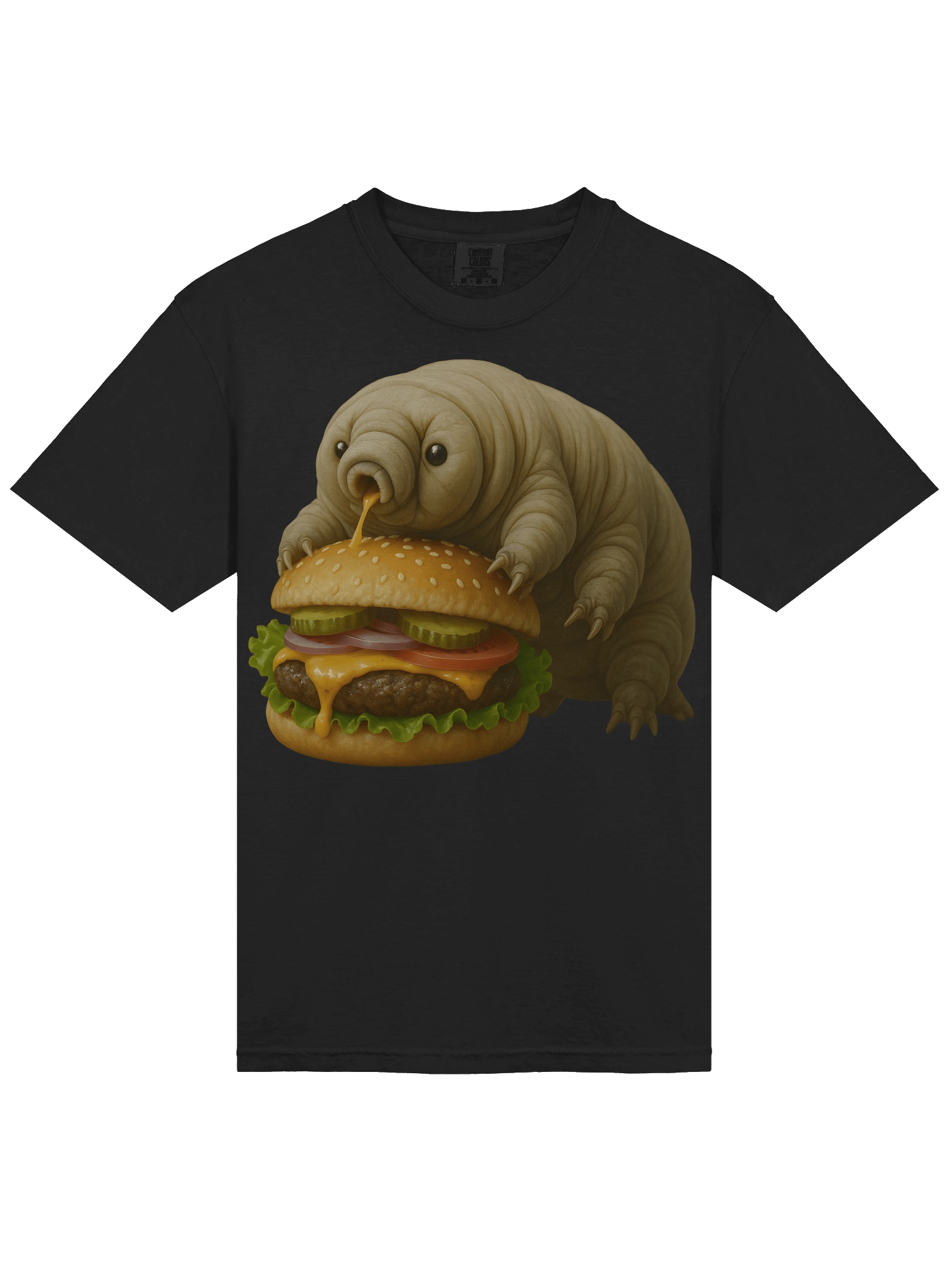 A photoreal tardigrade devours a cheeseburger — bold science-art on a comfy black tee product image (3)