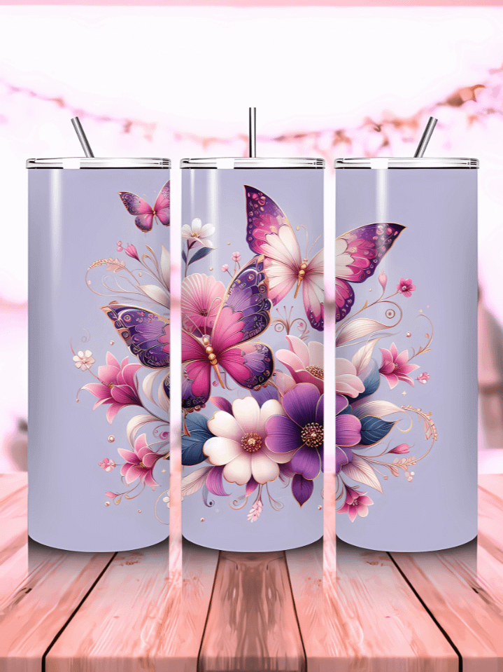 Gold & Pink Butterflies Tumbler Wrap PNG – 20oz Skinny Sublimation Design – Elegant Insect Theme – 300 DPI Instant Digital Download product image (1)