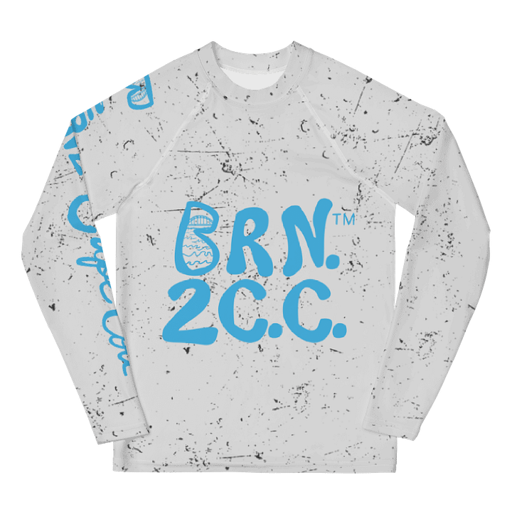 YOUTH | Rash Guard | BRN.2C.C.™ Front Graphic | BOURNE to Cape Cod™ Sleeve & Back Logo | Coastal Swim Shirt for Kids | UV Protection Activewear | Blue Logo on Distressed White product image (1)