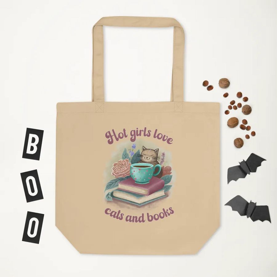 Hand-drawn cat floral canvas tote bag, Gift for a book lover - Hot Girls Love Cats and Books product image (7)