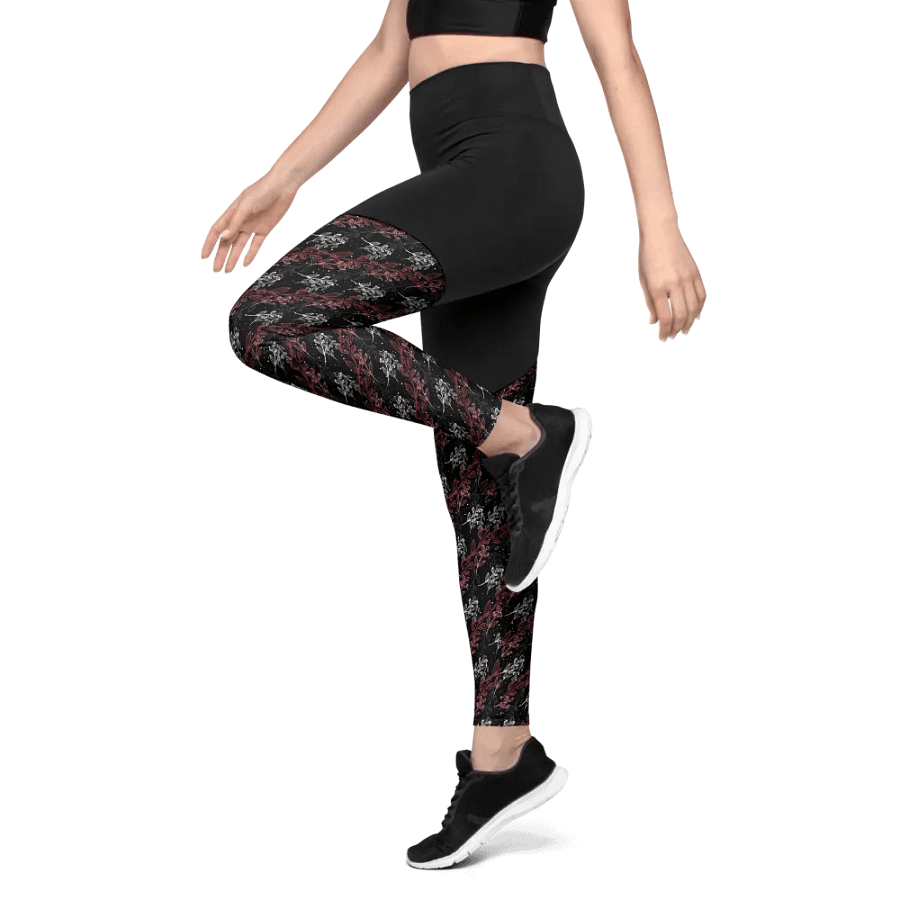 Dark sports Leggings in unusual diagonal red apricot design on black design with slight sparkle. product image (8)