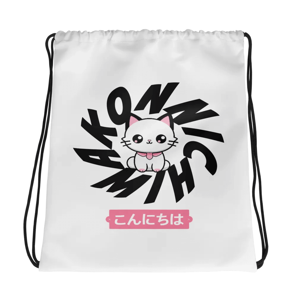 'Konnichiwa' Anime Kitty White Drawstring Bag product image (1)