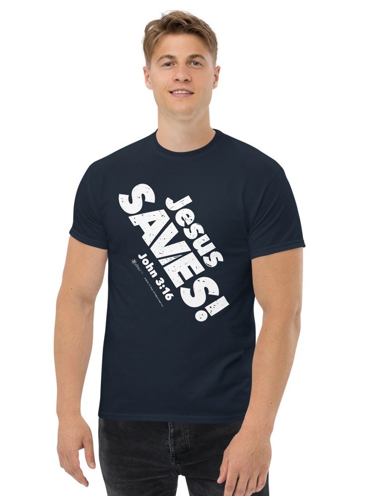 Jesus SAVES! Heavyweight Unisex Crewneck T-shirt | Gildan® 5000, White on Dark Colors product image (1)