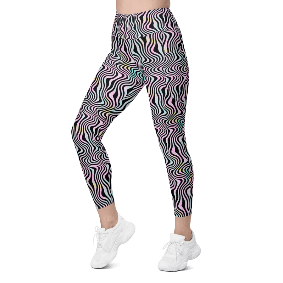 All over print leggings with pockests in wavy pink black and turuoise design. product image (7)