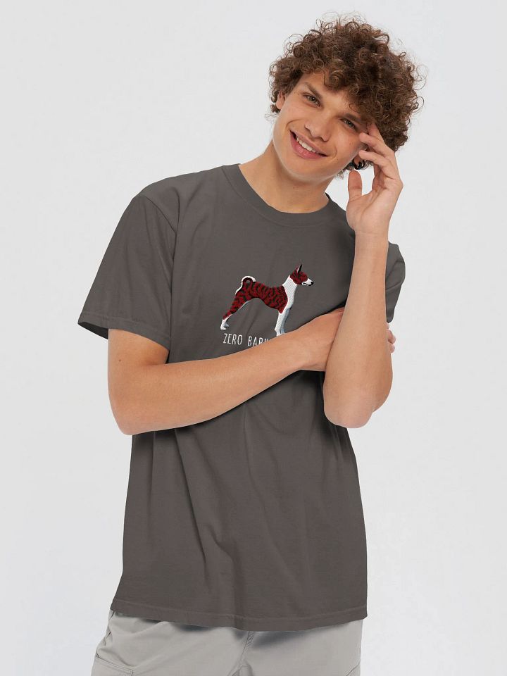 Zero Barks Given T-Shirt(Embroidered) of a Basenji(Brindle) product image (2)