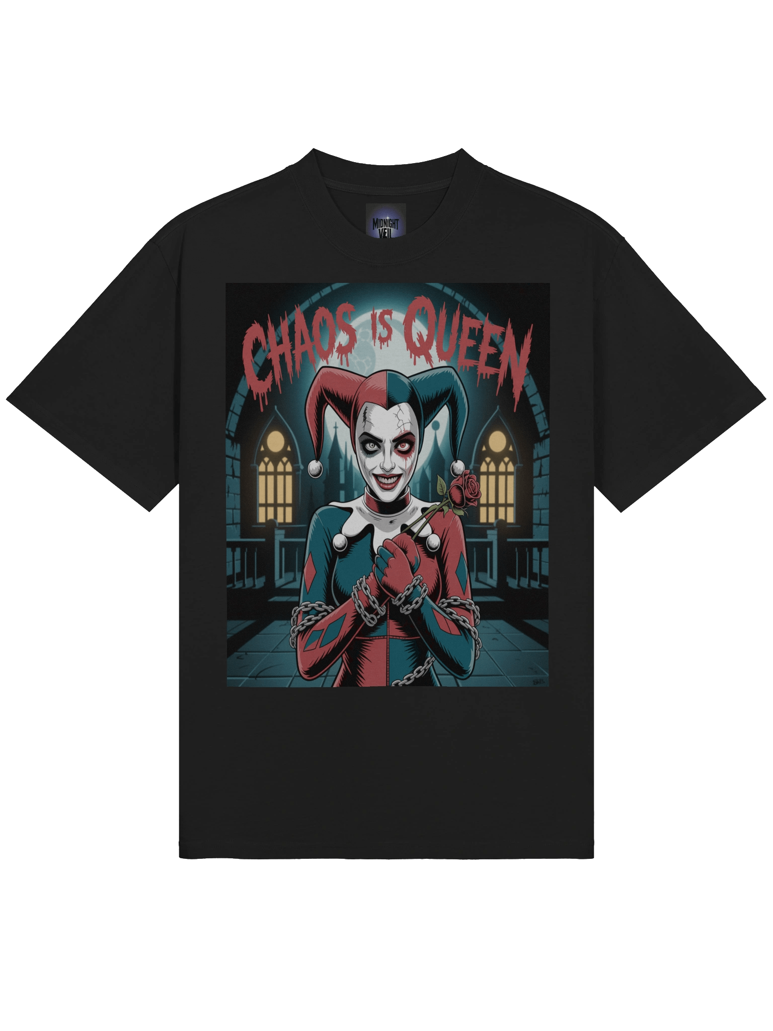 Harley Quinn 'Chaos is Queen' Gothic Chains Oversized Faded T-Shirt product image (5)