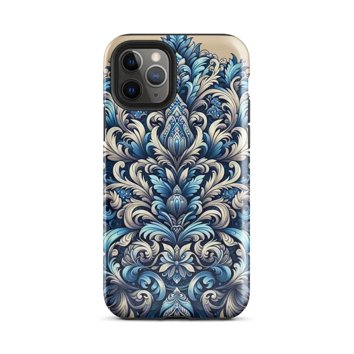 Tough Phone Case for iPhone® - Rococo Damask Floral Design in Blues and Gray product image (2)